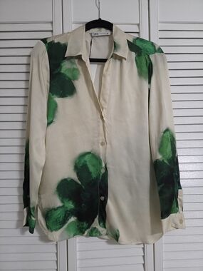 Zara Cream Satin Button-Up Blouse
